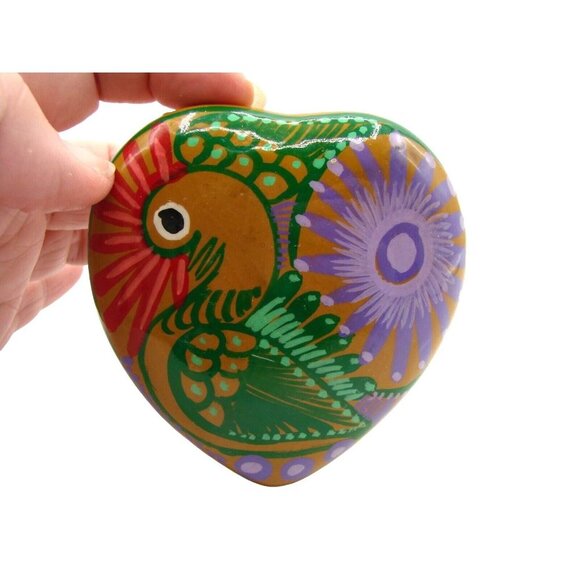 Pottery Terracotta Heart Shaped Trinket Keepsake Box Handpainted Bird Taxco Mexi - Picture 9 of 12